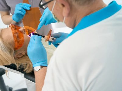 Woman getting a crown installed at Byrne Dental